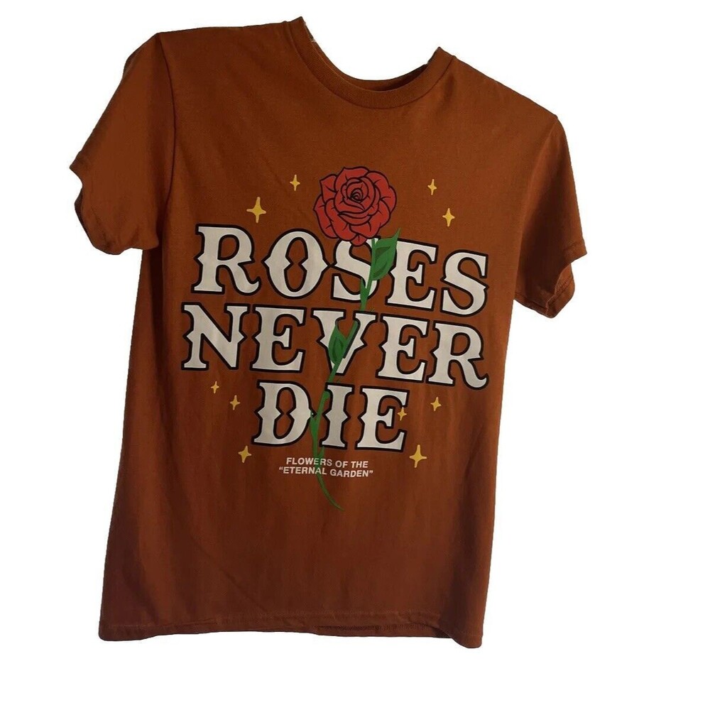 S Sugar Flower Orange Graphic T-shirt Roses Never Die Crew Neck Short Cap Sleeve